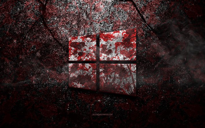 Logo de Windows 10, art grunge, logo de pierre de Windows 10, Windows, texture de pierre rouge, Windows 10, texture de pierre de grunge, embl&#232;me de Windows 10, logo 3d de Windows 10, logo de Windows