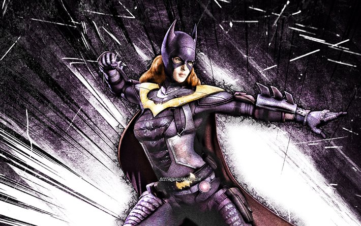 4k, Batgirl, grunge sanat, s&#252;per kahramanlar, DC Comics, mor soyut ışınlar, Batgirl 4K