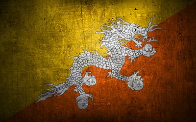 Bhutanin metallilippu, grunge -taide, aasialaiset maat, Bhutanin p&#228;iv&#228;, kansalliset symbolit, Bhutanin lippu, metalliliput, Aasia, Bhutan