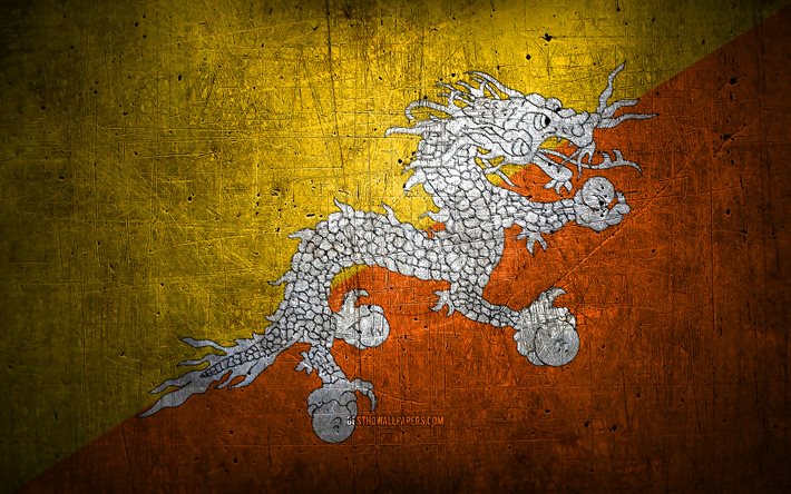 Bhutan metall flagga, grungekonst, asiatiska l&#228;nder, Bhutans dag, nationella symboler, Bhutan flagga, metall flaggor, Bhutans flagga, Asien, Bhutan