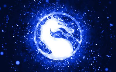 Logotipo azul escuro do Mortal Kombat, 4k, luzes de n&#233;on azul escuro, criativo, fundo abstrato azul escuro, logotipo do Mortal Kombat, jogos online, Mortal Kombat