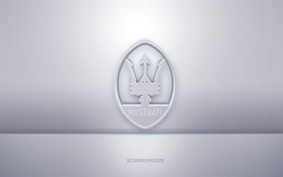 Maserati 3D valkoinen logo, harmaa tausta, Maserati -logo, luova 3D -taide, Maserati, 3d -tunnus