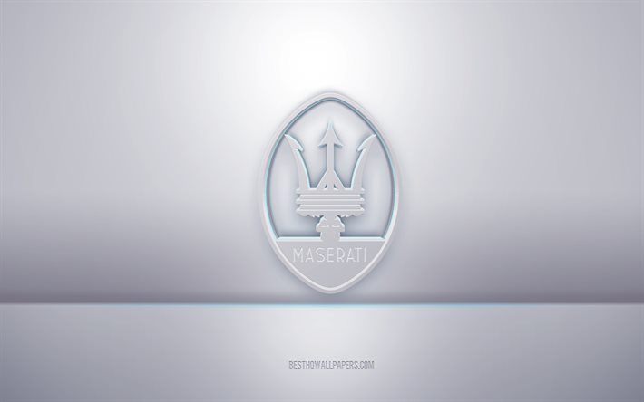 شعار مازيراتي الأبيض ثلاثي الأبعاد, خلفية رمادية, شعار مازيراتي, الفن الإبداعي 3D, مازيراتي, 3d شعار