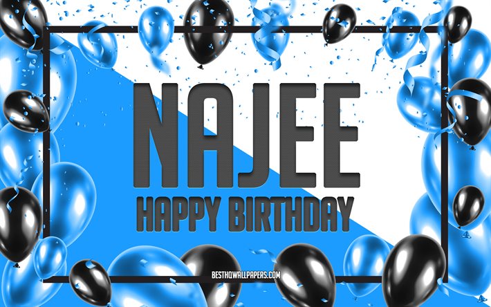 お誕生日おめでとうナジー, 誕生日バルーンの背景, ナジー, 名前の壁紙, ナジーお誕生日おめでとう, 青い風船の誕生日の背景, ナジーの誕生日