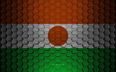 Drapeau du Niger, texture des hexagones 3d, Niger, texture 3d, drapeau du Niger 3d, texture m&#233;tallique, drapeau du Niger