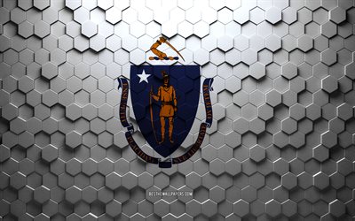 Bandeira de Massachusetts, arte em favo de mel, bandeira em hexágonos de Massachusetts, Massachusetts, arte em hexágonos em 3D, bandeira de Massachusetts