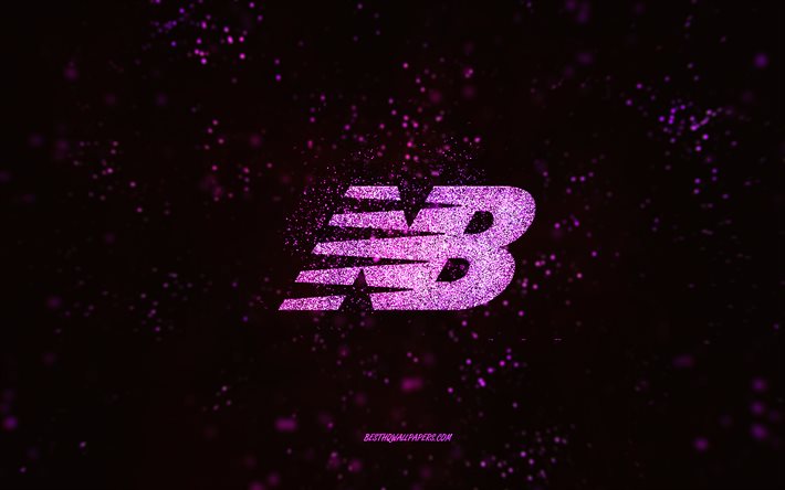 Logotipo com glitter da New Balance, 4k, fundo preto, logotipo da New Balance, arte com glitter rosa, New Balance, arte criativa, logotipo com glitter rosa da New Balance