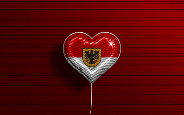 J&#39;aime Dortmund, 4k, villes allemandes, ballons r&#233;alistes, fond en bois rouge, drapeau de Dortmund, Allemagne, ballon avec drapeau, Dortmund, Jour de Dortmund