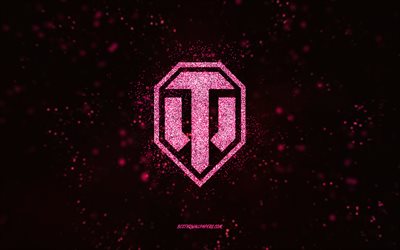 Logo WOT glitter, 4k, sfondo nero, logo World of Tanks, logo WOT, arte glitter rosa, WOT, arte creativa, logo WOT rosa glitter, World of Tanks