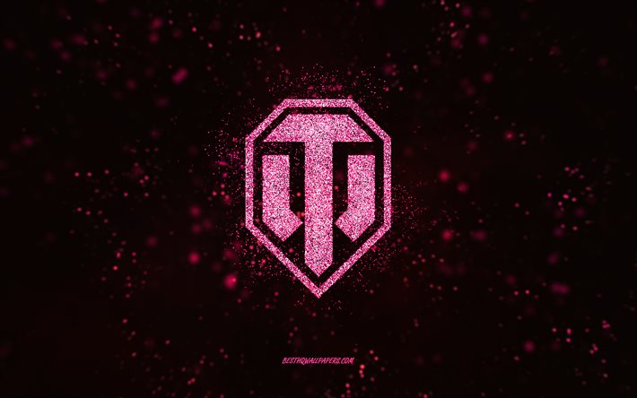 Logotipo WOT glitter, 4k, fundo preto, logotipo World of Tanks, logotipo WOT, arte glitter rosa, WOT, arte criativa, logotipo glitter rosa WOT, World of Tanks