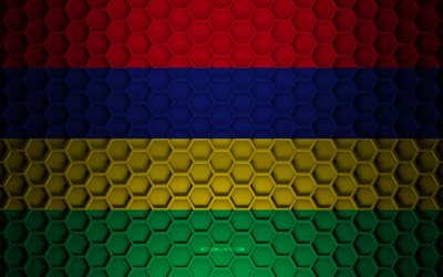 Mauritius flag, 3d hexagons texture, Mauritius, 3d texture, Mauritius 3d flag, metal texture, flag of Mauritius