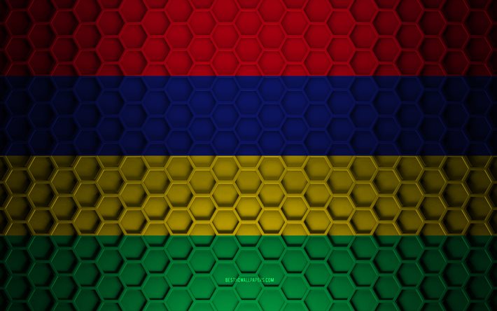 Mauritius flag, 3d hexagons texture, Mauritius, 3d texture, Mauritius 3d flag, metal texture, flag of Mauritius