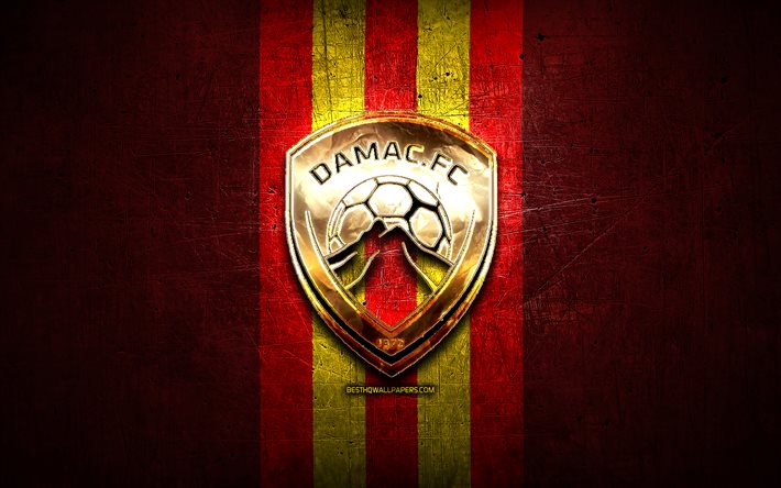 Damac FC, logotipo dourado, Liga Profissional Saudita, fundo de metal vermelho, futebol, clube de futebol saudita, logotipo Damac FC, FC Damac