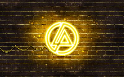 Linkin Parkin keltainen logo, 4k, musiikkit&#228;hdet, keltainen tiilisein&#228;, Linkin Parkin logo, tuotemerkit, Linkin Park neonlogo, Linkin Park
