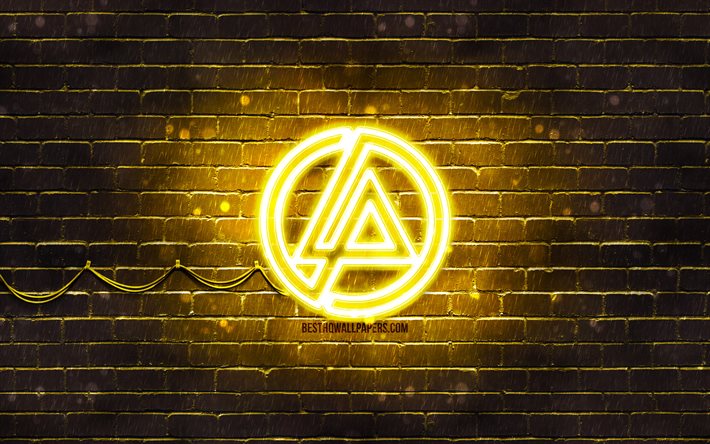 Linkin Park sarı logo, 4k, m&#252;zik yıldızları, sarı brickwall, Linkin Park logo, markalar, Linkin Park neon logo, Linkin Park