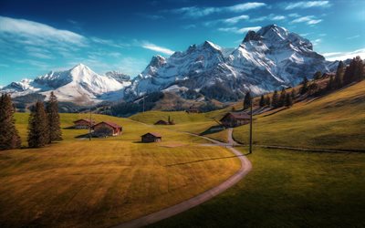 Alpi bernesi, sera, tramonto, Adelboden, paesaggio montano, autunno, Svizzera