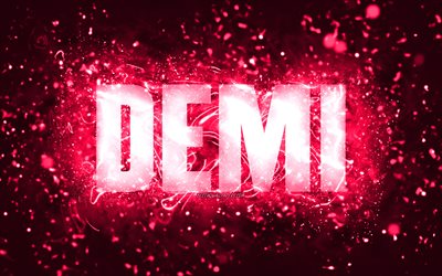 Happy Birthday Demi, 4k, pink neon lights, Demi name, creative, Demi Happy Birthday, Demi Birthday, popular american female names, picture with Demi name, Demi