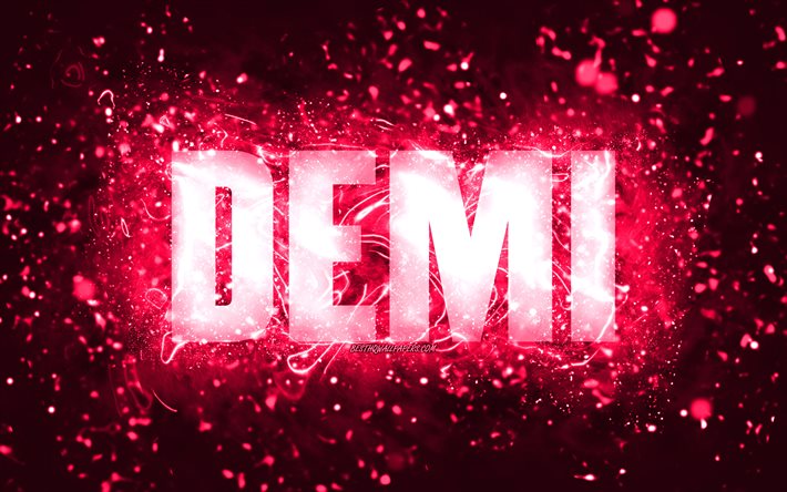 Joyeux anniversaire Demi, 4k, n&#233;ons roses, nom Demi, cr&#233;atif, Demi joyeux anniversaire, Demi anniversaire, noms f&#233;minins am&#233;ricains populaires, photo avec nom Demi, Demi