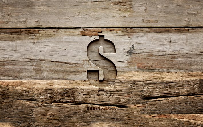 米ドル木製看板, 4k, 木製の背景, 通貨記号, 米 ドル, creative クリエイティブ, ドル, 木彫り