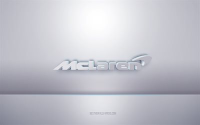 McLaren 3d white logo, gray background, McLaren logo, creative 3d art, McLaren, 3d emblem
