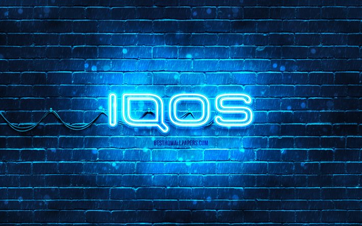 Logo IQOS blu, 4k, muro di mattoni blu, logo IQOS, marchi, logo al neon IQOS, IQOS