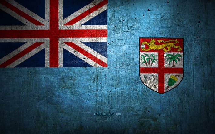 Fiji metal flag, grunge art, oceanian countries, Day of Fiji, national symbols, Fiji flag, metal flags, Flag of Fiji, Oceania, Fiji
