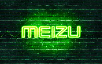 Meizu yeşil logo, 4k, yeşil brickwall, Meizu logo, markalar, Meizu neon logo, Meizu