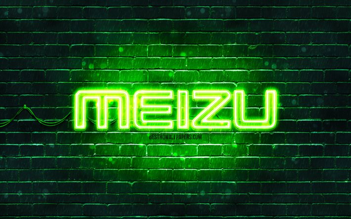 Log&#243;tipo Meizu verde, 4k, parede de tijolos verde, log&#243;tipo Meizu, marcas, log&#243;tipo Meizu neon, Meizu