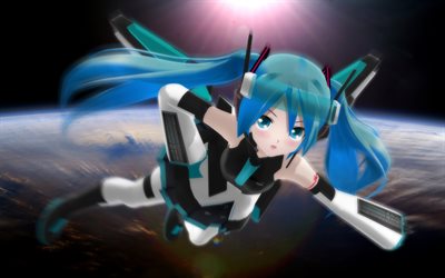 Flying Hatsune Miku, 4k, Vocaloid characters, space, Vocaloid, manga, artwork, Hatsune Miku Vocaloid