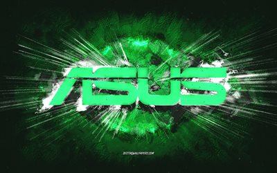 Asus -logo, grunge -taide, vihre&#228; kivitausta, Asus -vihre&#228; logo, Asus, luova taide, Asus grunge -logo