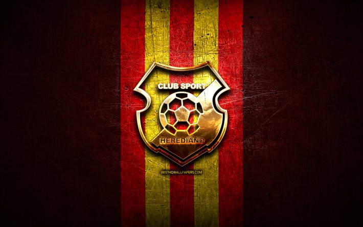 エレディアーノFC, 金色のロゴ, リガFPD, 赤い金属の背景, フットボール。, コスタリカのサッカークラブ, CSエレディアーノのロゴ, サッカー, コスタリカプリメーラ部門, CSエレディアーノ