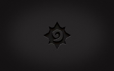 Hearthstone carbon logo, 4k, grunge art, carbon background, creative, Hearthstone black logo, online games, Hearthstone logo, Hearthstone