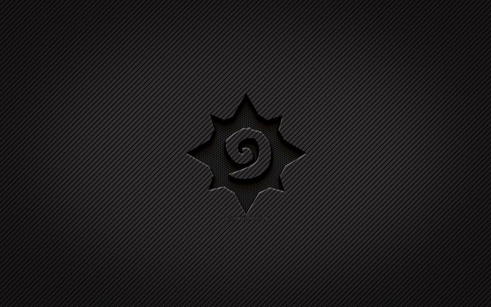 Hearthstone karbon logosu, 4k, grunge sanat, karbon arka plan, yaratıcı, Hearthstone siyah logosu, &#231;evrimi&#231;i oyunlar, Hearthstone logosu, Hearthstone