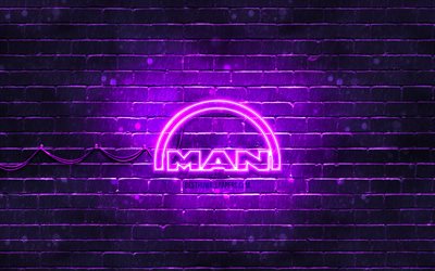 MAN violet logo, 4k, violet brickwall, MAN logo, brands, MAN neon logo, MAN