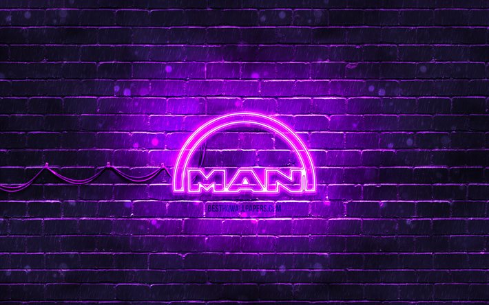 Logo MAN viola, 4k, muro di mattoni viola, logo MAN, marchi, logo MAN neon, MAN