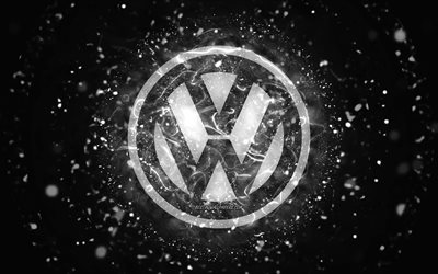 Volkswagen white logo, 4k, white neon lights, creative, black abstract background, Volkswagen logo, cars brands, Volkswagen