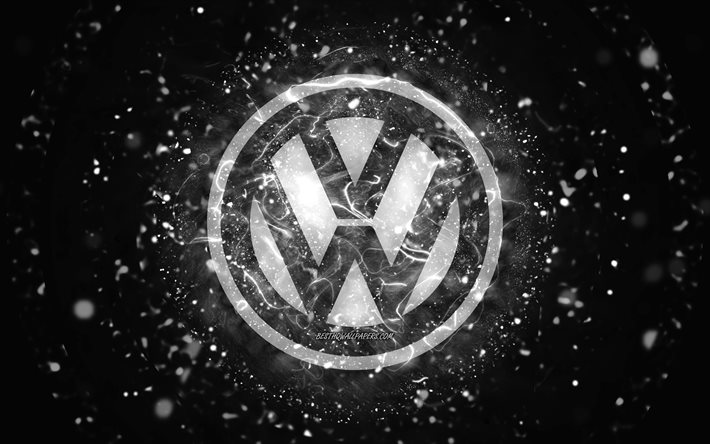 Volkswagen beyaz logo, 4k, beyaz neon ışıklar, yaratıcı, siyah soyut arka plan, Volkswagen logosu, otomobil markaları, Volkswagen