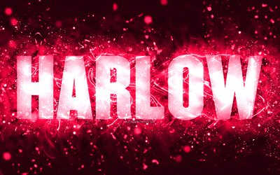Happy Birthday Harlow, 4k, pink neon lights, Harlow name, creative, Harlow Happy Birthday, Harlow Birthday, popular american female names, picture with Harlow name, Harlow