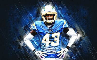Michael Davis, Los Angeles Chargers, NFL, blue stone background, grunge art, National Football League, American football