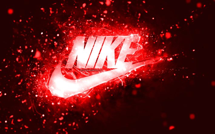 Nike kırmızı logo, 4k, kırmızı neon ışıklar, yaratıcı, kırmızı soyut arka plan, Nike logosu, moda markaları, Nike