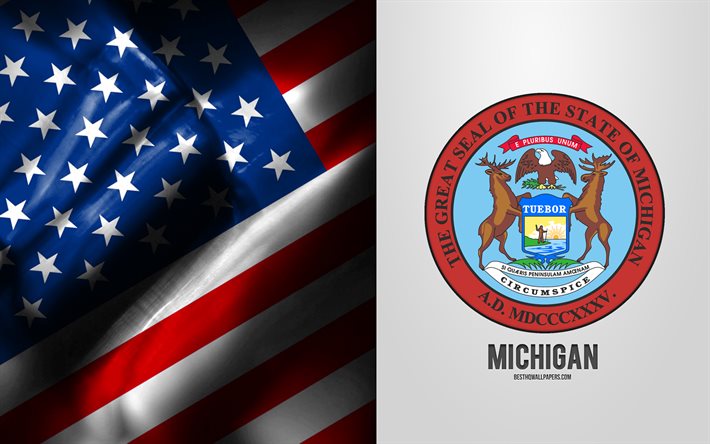 Selo de Michigan, bandeira dos EUA, emblema de Michigan, bras&#227;o de Michigan, bandeira americana, Michigan, EUA