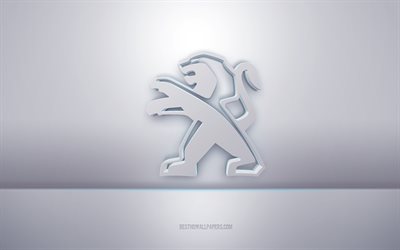 Peugeot 3d white logo, gray background, Peugeot logo, creative 3d art, Peugeot, 3d emblem