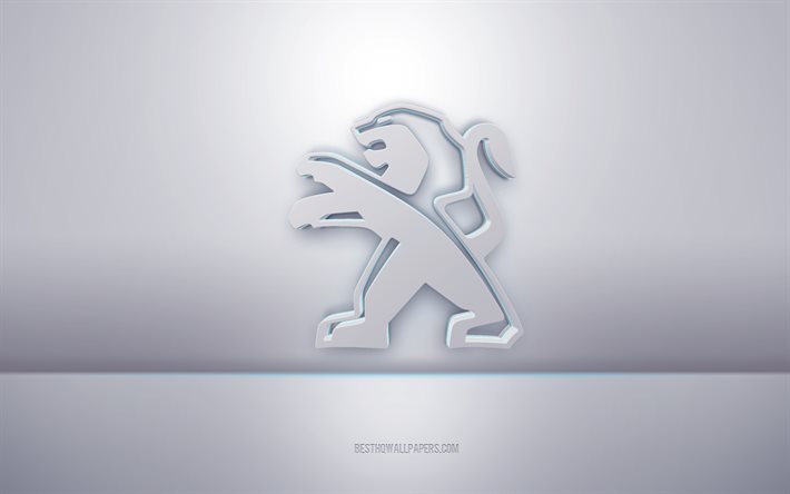 شعار بيجو ثلاثي الأبعاد أبيض, خلفية رمادية, شعار بيجو, الفن الإبداعي 3D, بيجو, 3d شعار