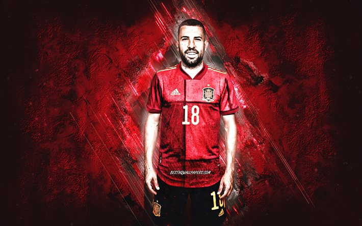 Jordi Alba, &#233;quipe nationale de football d&#39;Espagne, footballeur espagnol, football, Espagne, art de Jordi Alba, fond de pierre rouge