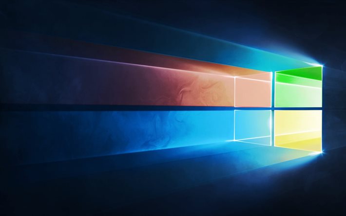 Microsoft Windows 10, ネオンライト, 青い背景, Windowsロゴ, Windowsの輝くロゴ, Windowsエンブレム, Windows