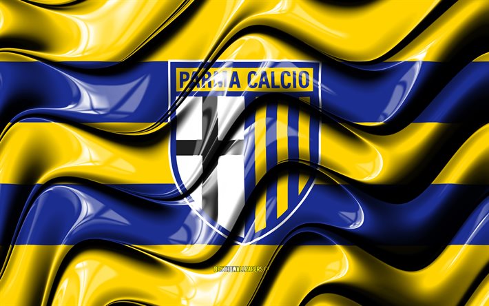 Drapeau de Parme, 4k, vagues 3D jaunes et bleues, Serie A, club de football italien, Parma Calcio 1913, football, logo de Parme, Parma FC