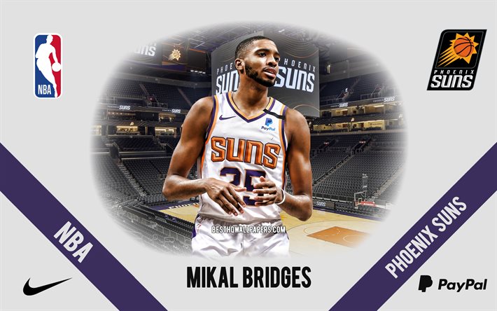 Mikal Bridges, Phoenix Suns, joueur am&#233;ricain de basket-ball, NBA, portrait, USA, basket-ball, Phoenix Suns Arena, logo Phoenix Suns