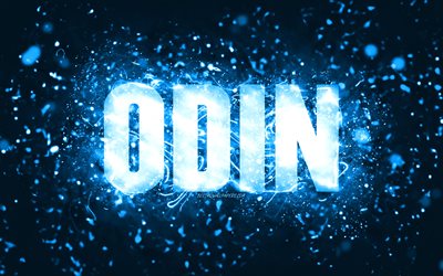 Happy Birthday Odin, 4k, blue neon lights, Odin name, creative, Odin Happy Birthday, Odin Birthday, popular american male names, picture with Odin name, Odin