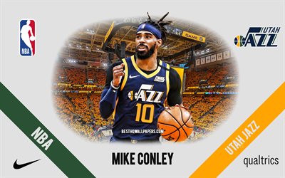 Mike Conley, Utah Jazz, amerikkalainen koripalloilija, NBA, muotokuva, USA, koripallo, Vivint Arena, Utah Jazz -logo