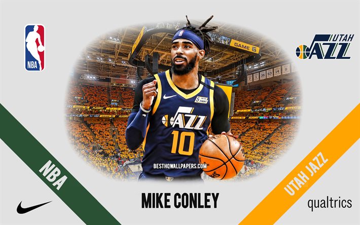 Mike Conley, Utah Jazz, giocatore di basket americano, NBA, ritratto, USA, basket, Vivint Arena, logo Utah Jazz